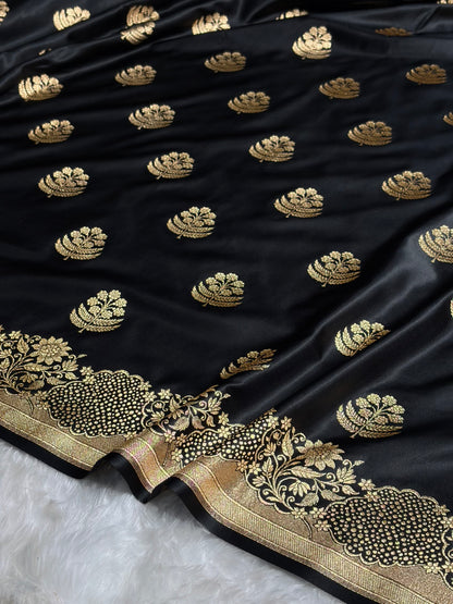 Black Unique Boota Pattern Satin Katan Silk Saree SK70