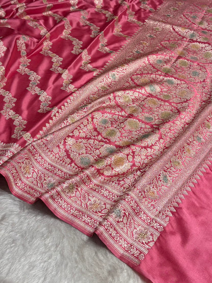 Baby Shades Banarasi Minakari Mashru Silk Saree With Cross Pattern MS02