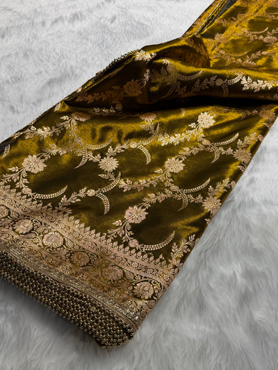 Satin Silk Banarasi Jaal In Mehandi Shades with Gota Patti SSGP18
