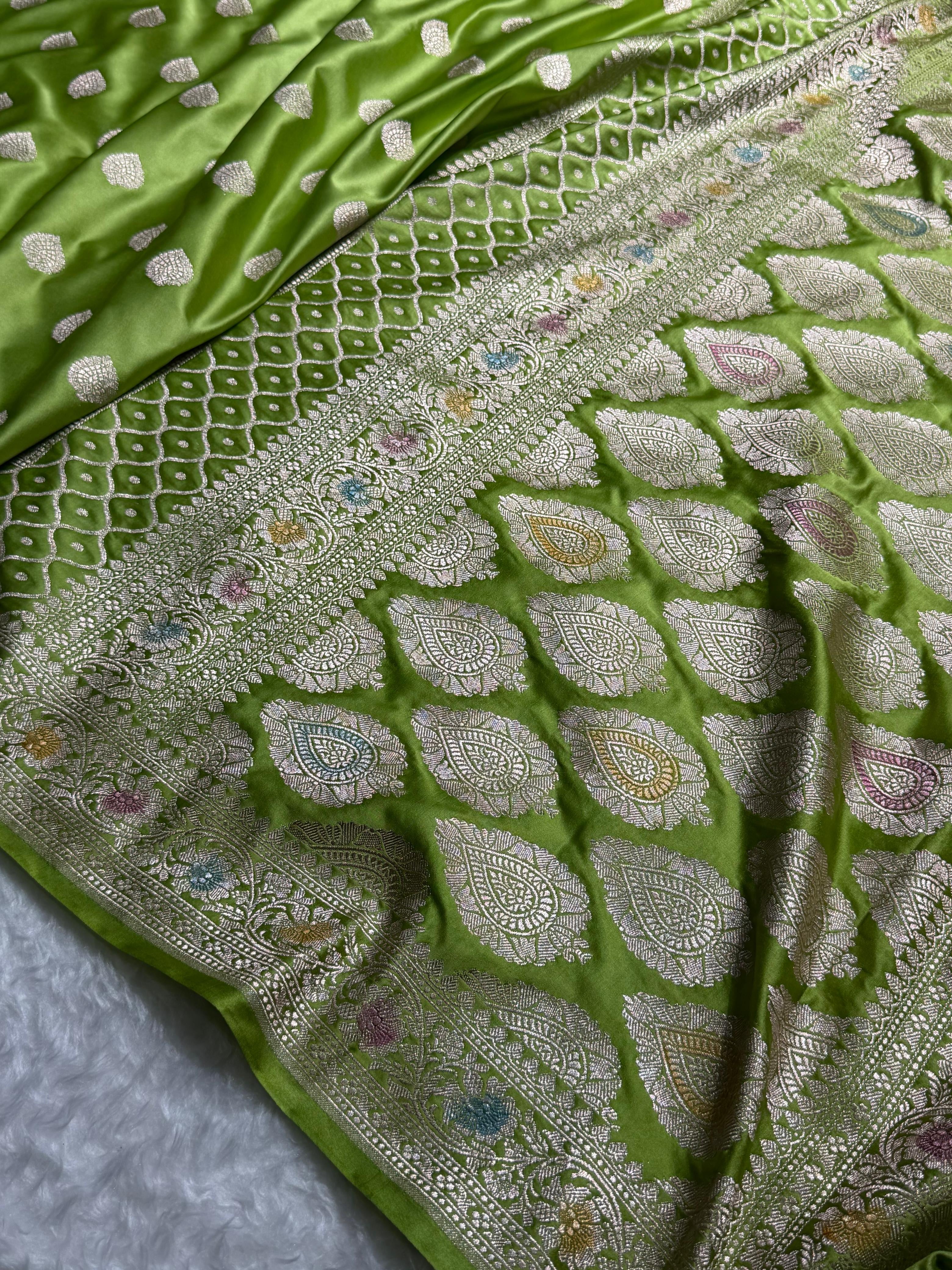 Banarasi Floral Booti Pattern in Parrot Green Shades Floral Mashru Silk Saree MCS103