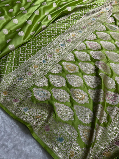 Banarasi Floral Booti Pattern in Parrot Green Shades Floral Mashru Silk Saree MCS103