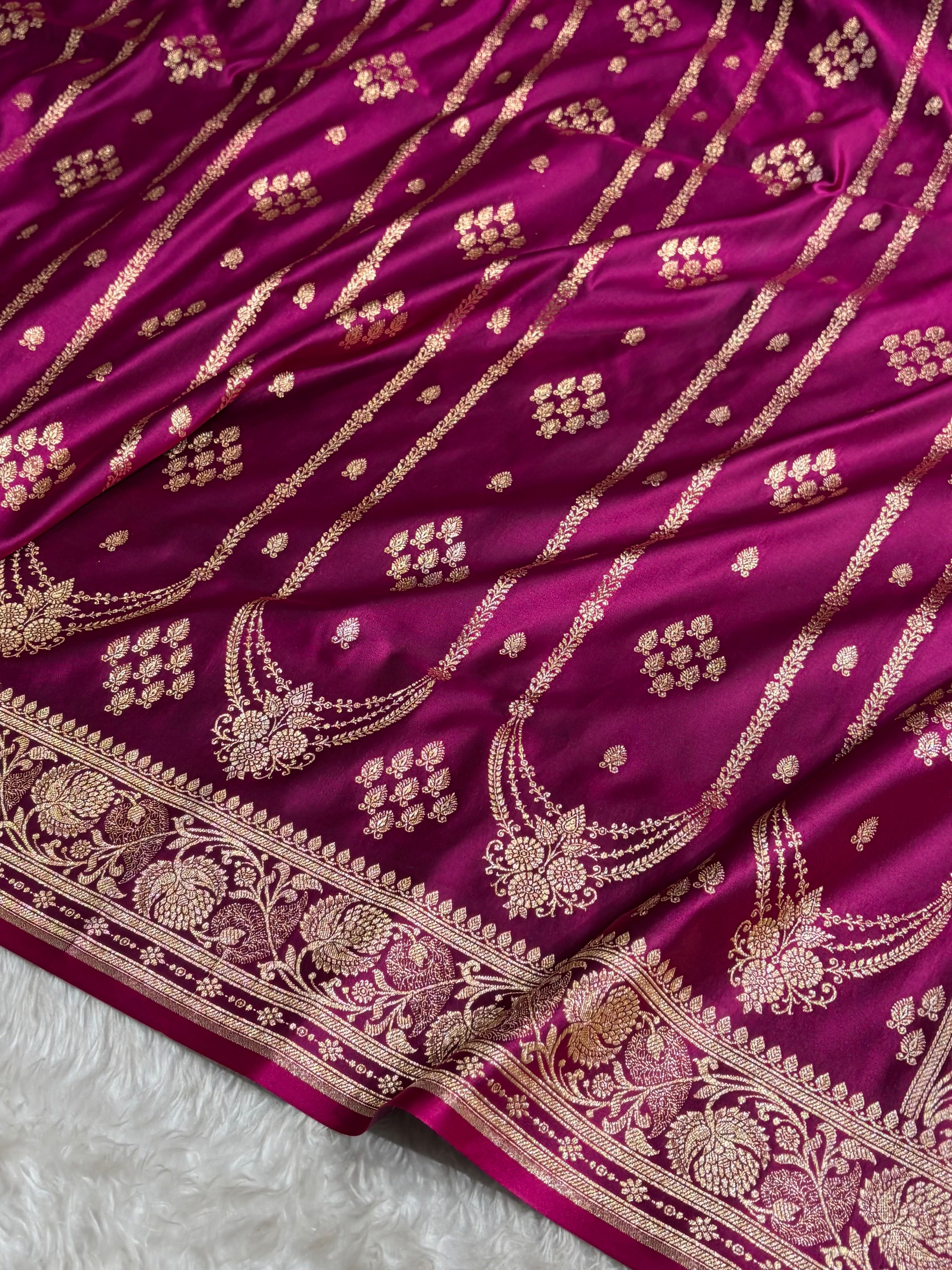 Wine Floral Boota Pattern Satin Katan Silk saree SK39