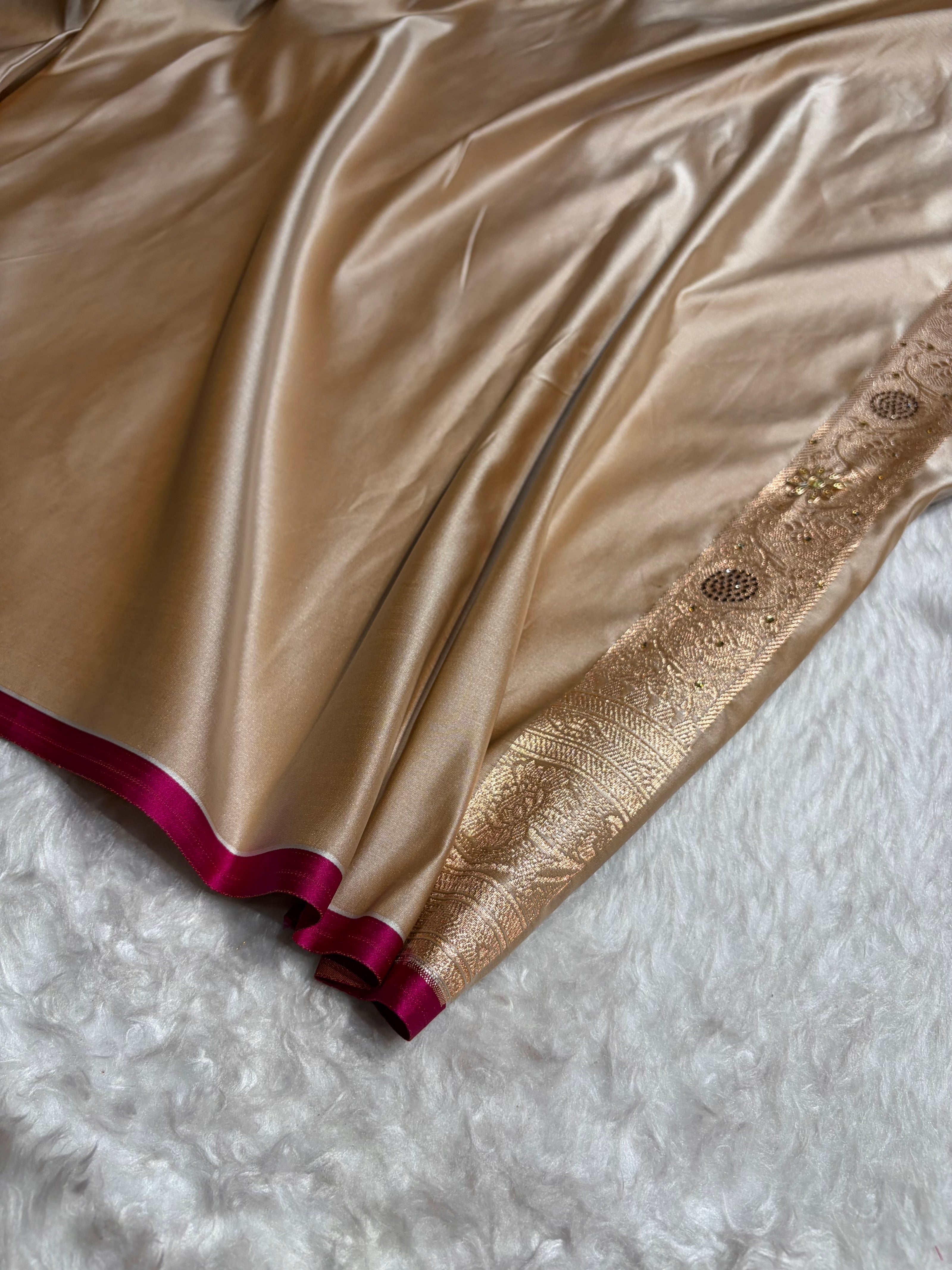 Beige Jaal With Banarasi Swarovski and Zardozi Work Pattern Satin Katan Silk Saree BSK25