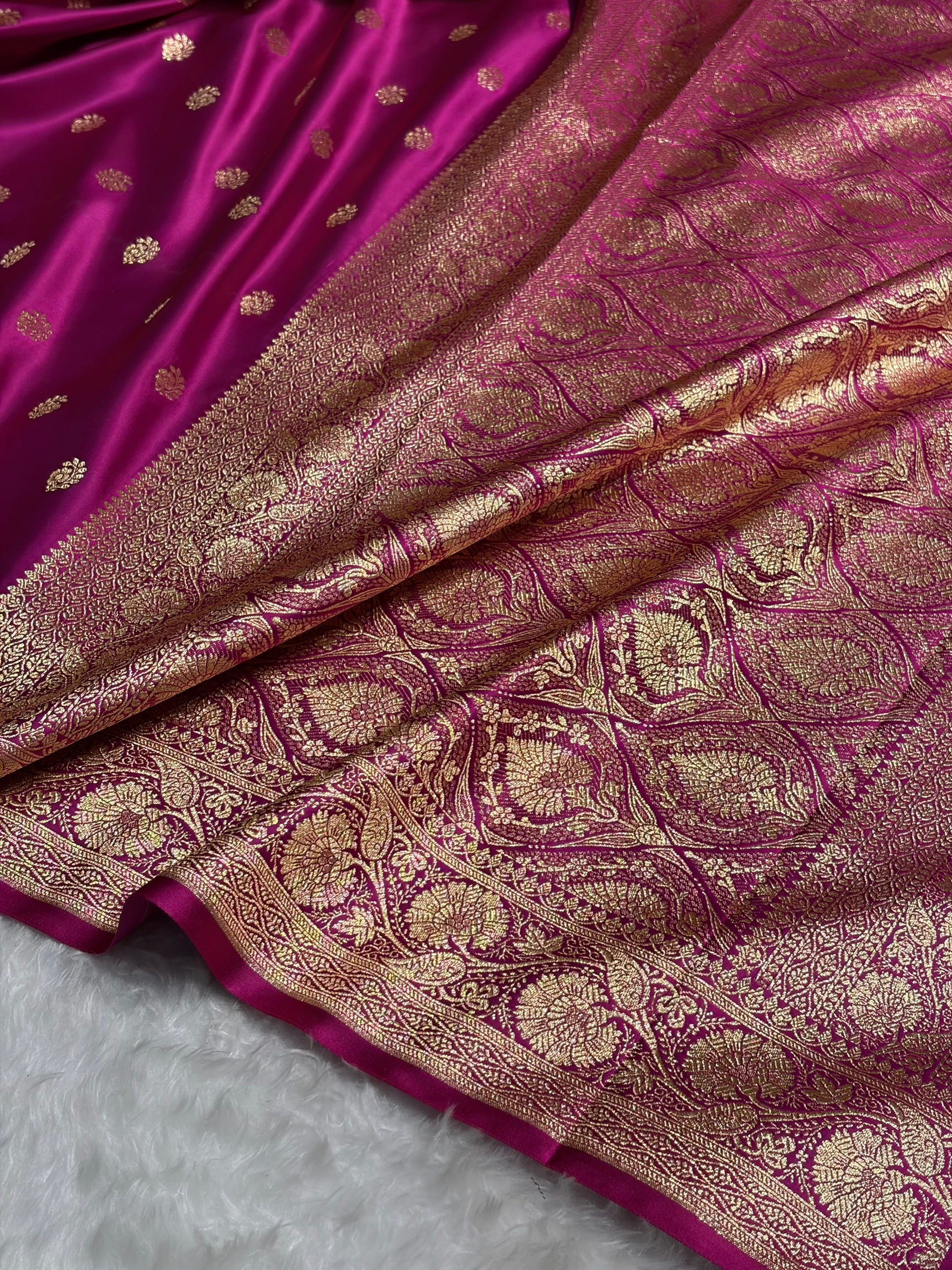 Magenta Floral Boota Pattern Satin Katan Silk Saree SK72