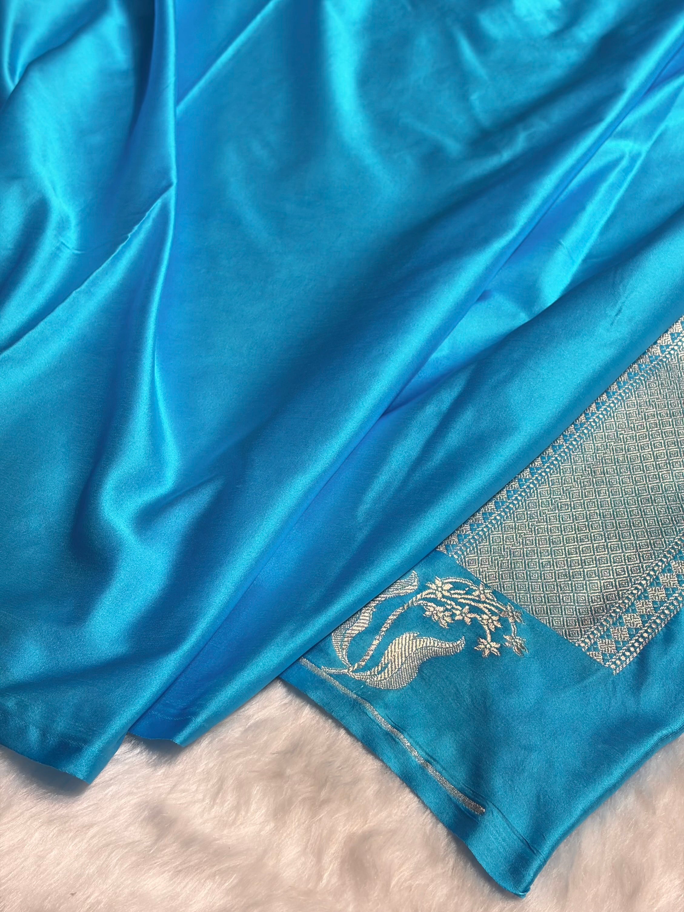 Sky Blue Shades Floral Border Booti Mashru Silk Saree MS74