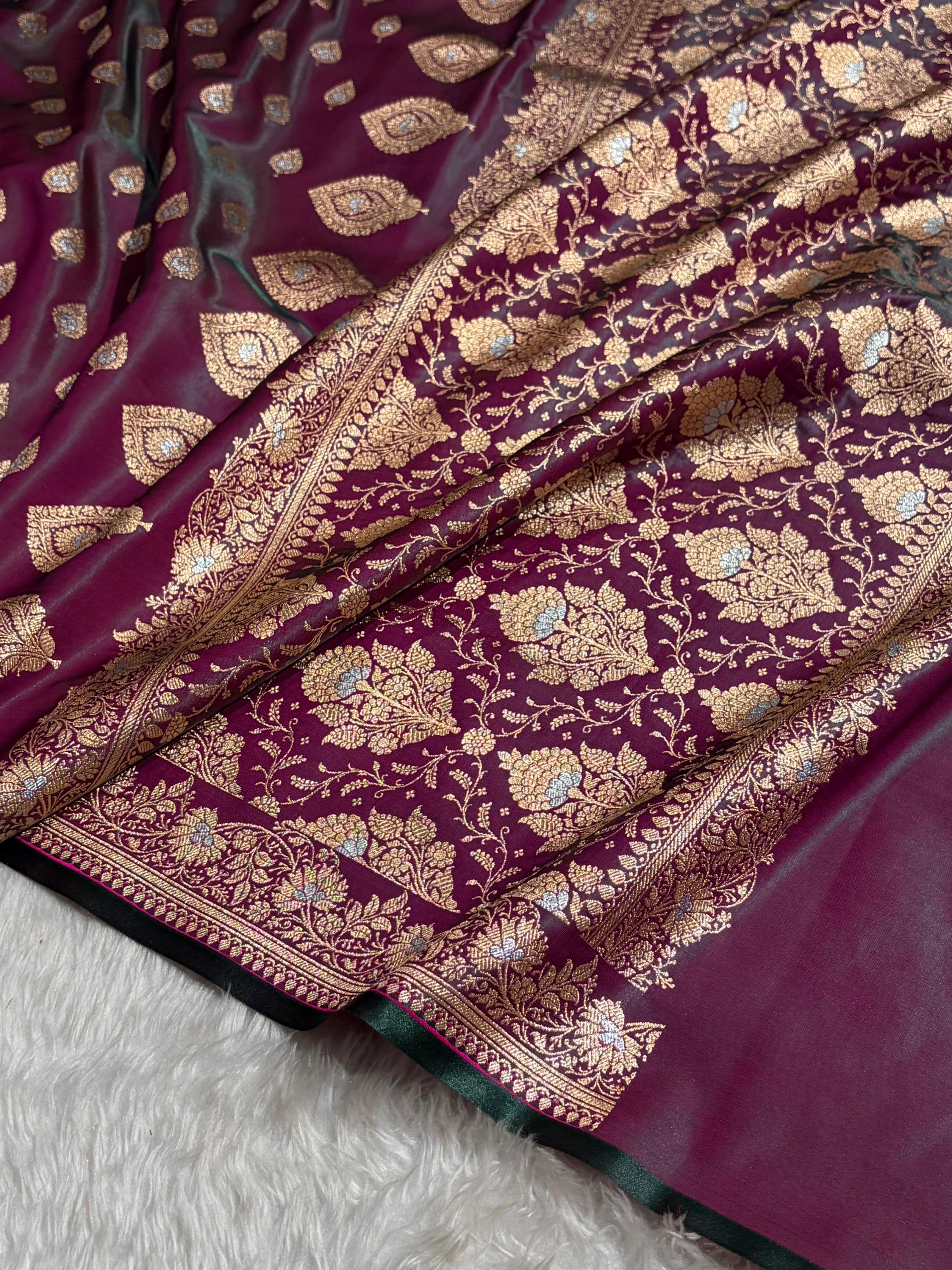 Banarasi Cross Wine Shades Minakari Booti Pattern Banarasi Satin Silk Saree SS60