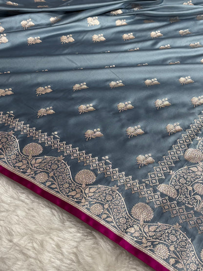 Turquoise Shades Banarasi Boota Pattern Floral Mashru Silk Saree MSM-115