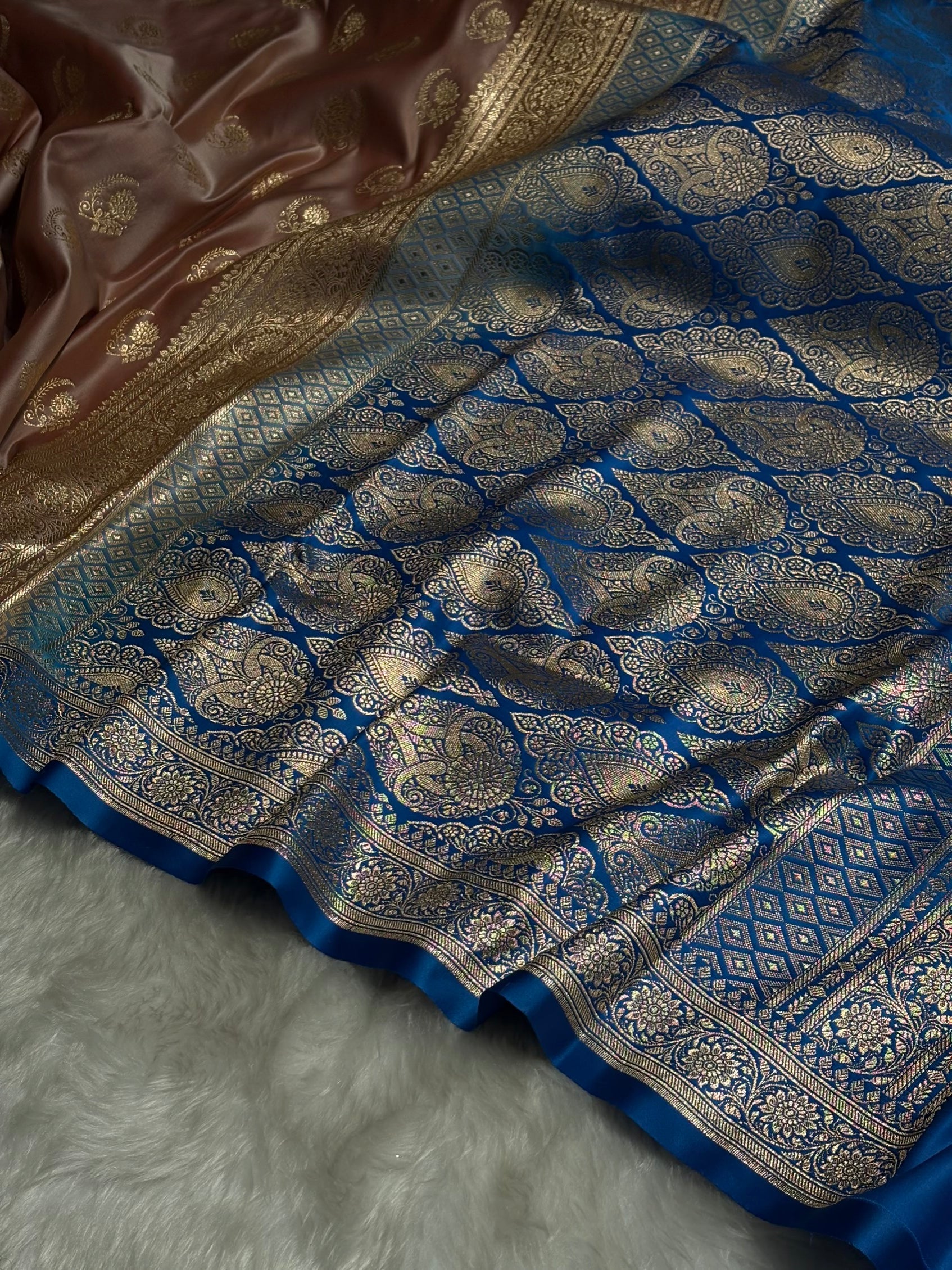 Pista with Blue Floral Boota Satin Katan Silk saree SK27