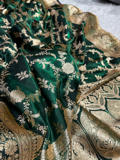 Bottle Green Banarasi Jaal Satin Silk Saree with gotta patti SSGP14