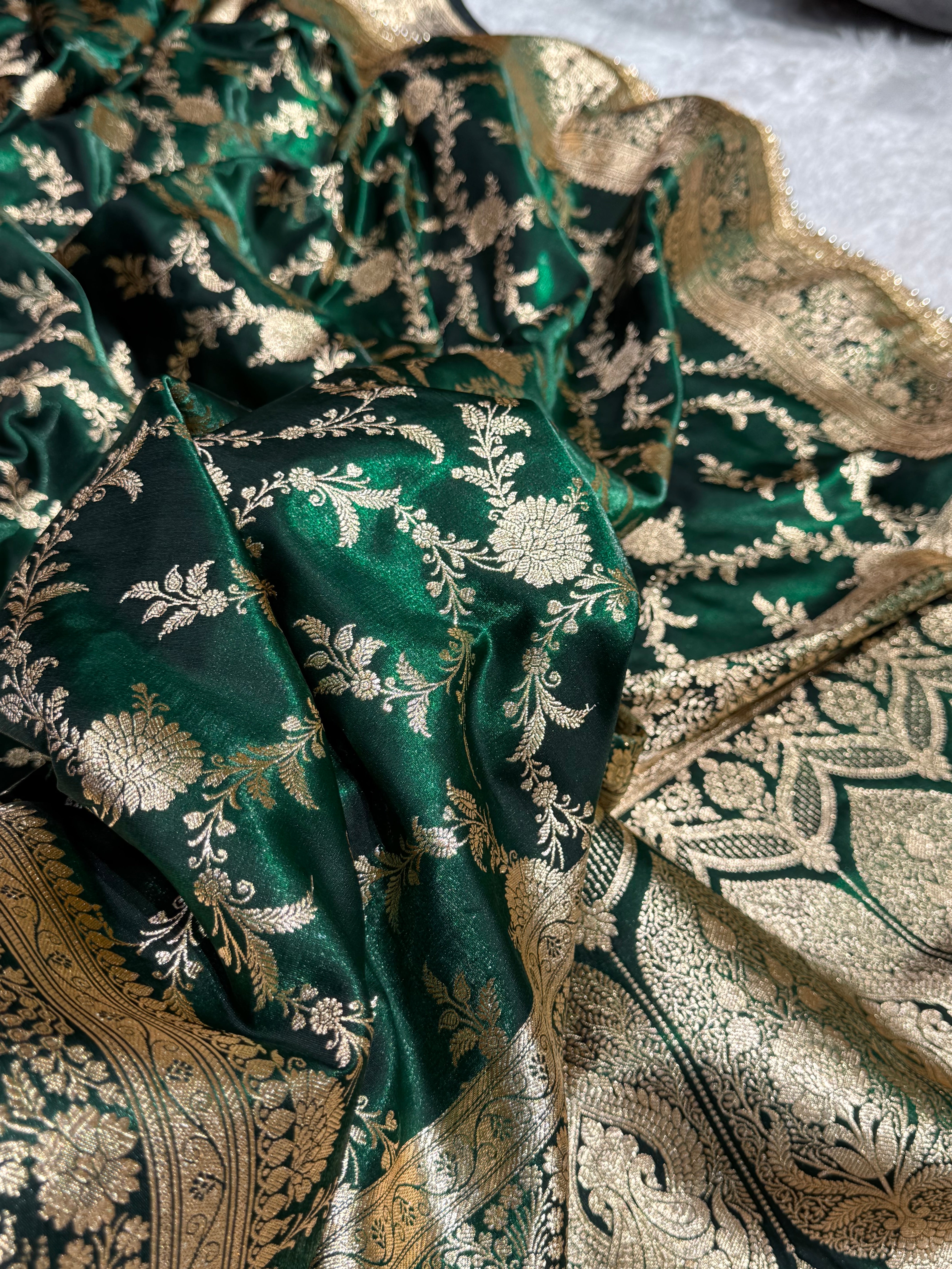 Bottle Green Banarasi Jaal Satin Silk Saree with gotta patti SSGP14