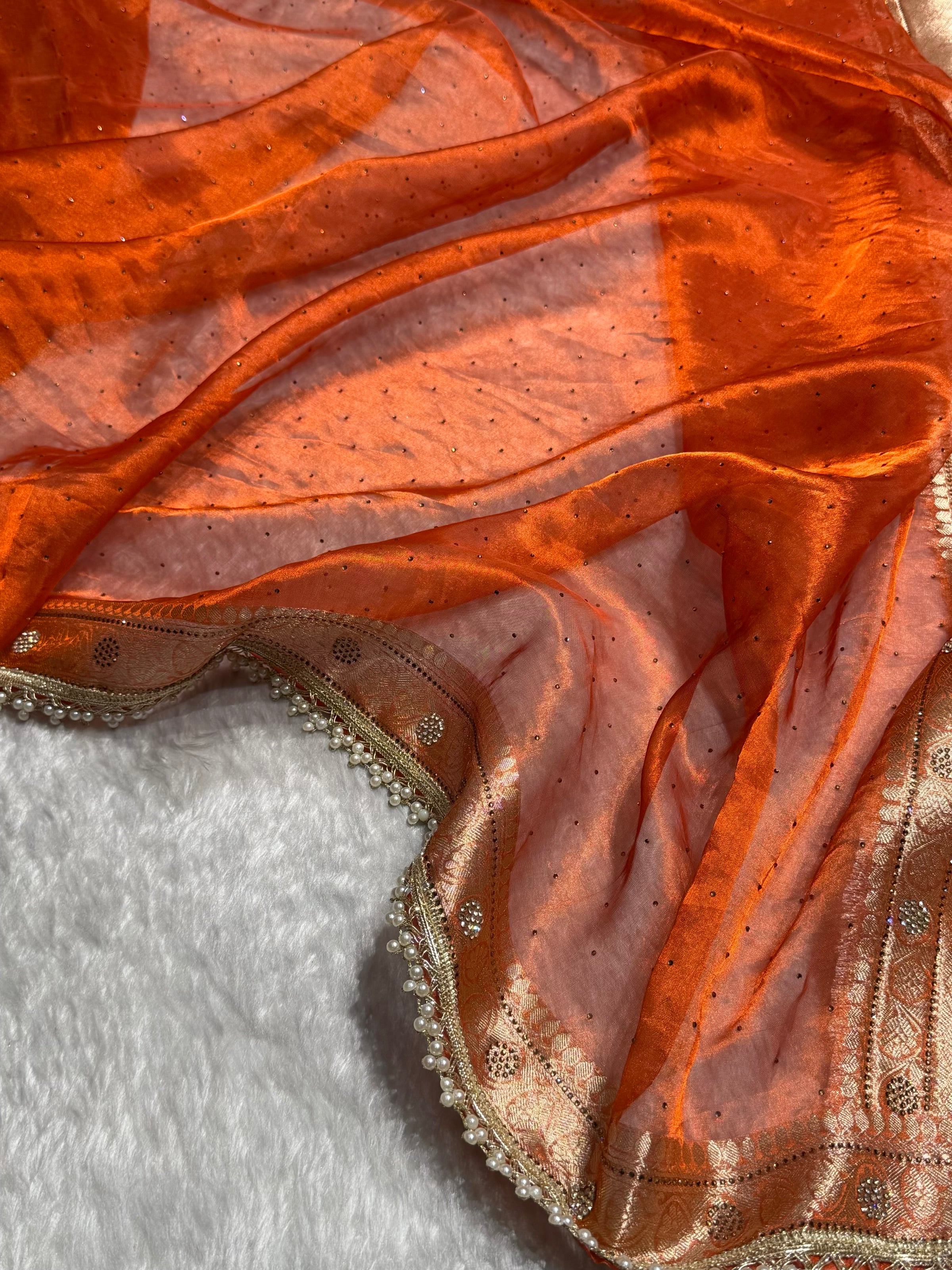 Orange Shades Pure Tissue Silk With Banarasi Swarovski Work Saree with Brocade Blouse BPGPT-09