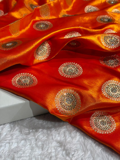 Fire Gold Shades Banarasi With Swarovski Stone Work Satin Silk Saree BSS33