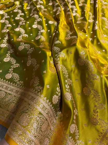 Banarasi Satin Katan Saree With Jaal Pattern in Liril Mehendi Shades SK121