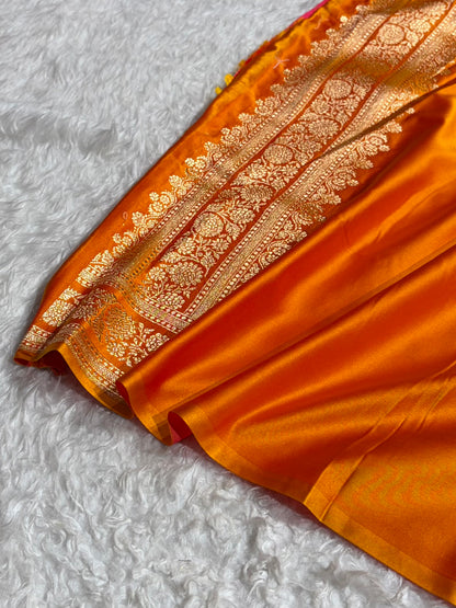 Orange Gold Shades Booti Pattern Satin Katan Silk Saree SK51