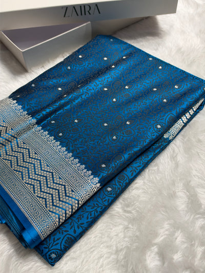 German Blue Shades Jamawar Tanchoi Motif Mashru Silk Saree MST-17