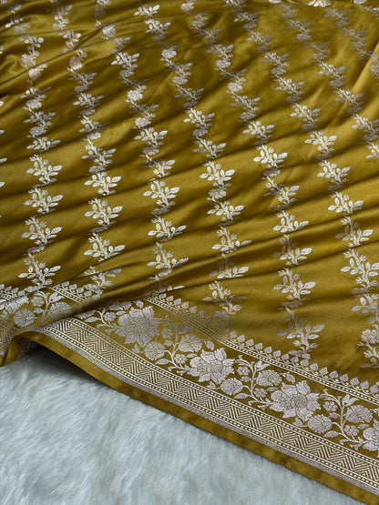 Dusty Mustard Shades Banarasi Cross Jaal Mashru Silk Saree MS18