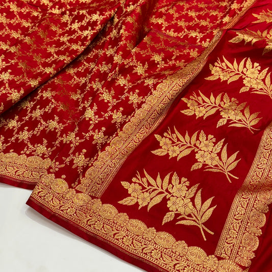 Light Wight Satin Silk Jaal in Red Shades with brocade Blouse