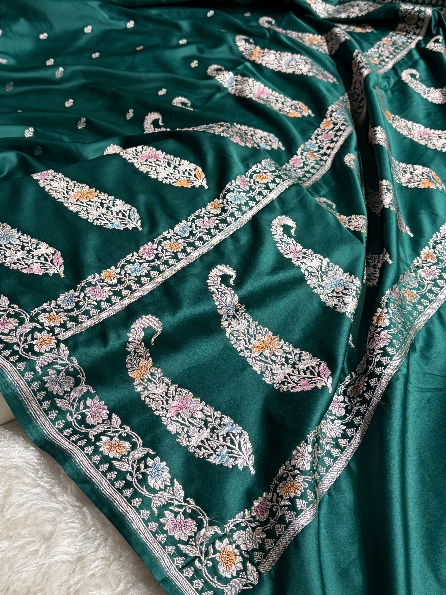 Banarasi Dark Rama Shades Minakari Floral Mashru Silk Saree MS88