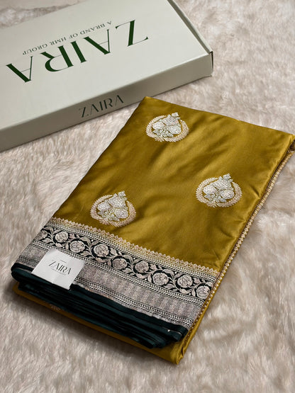 Contrast Dusty Mustard With Dark Bottle Green Minakari Boota Mashru Silk Saree MS35