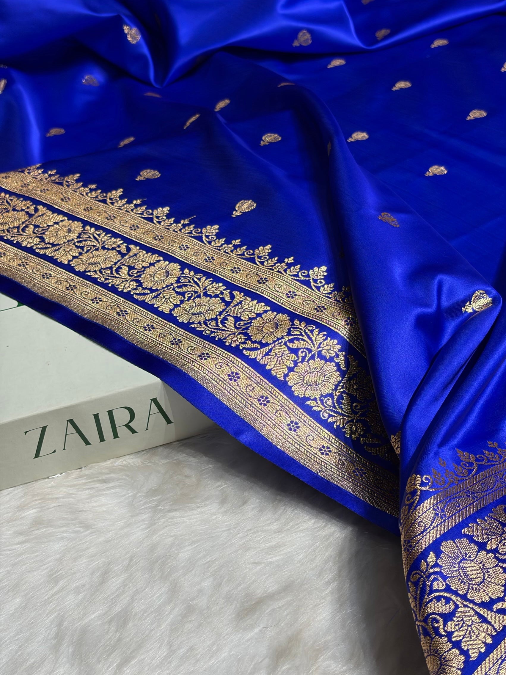 Royal Blue Booti Pattern Satin Katan Silk Saree SK66