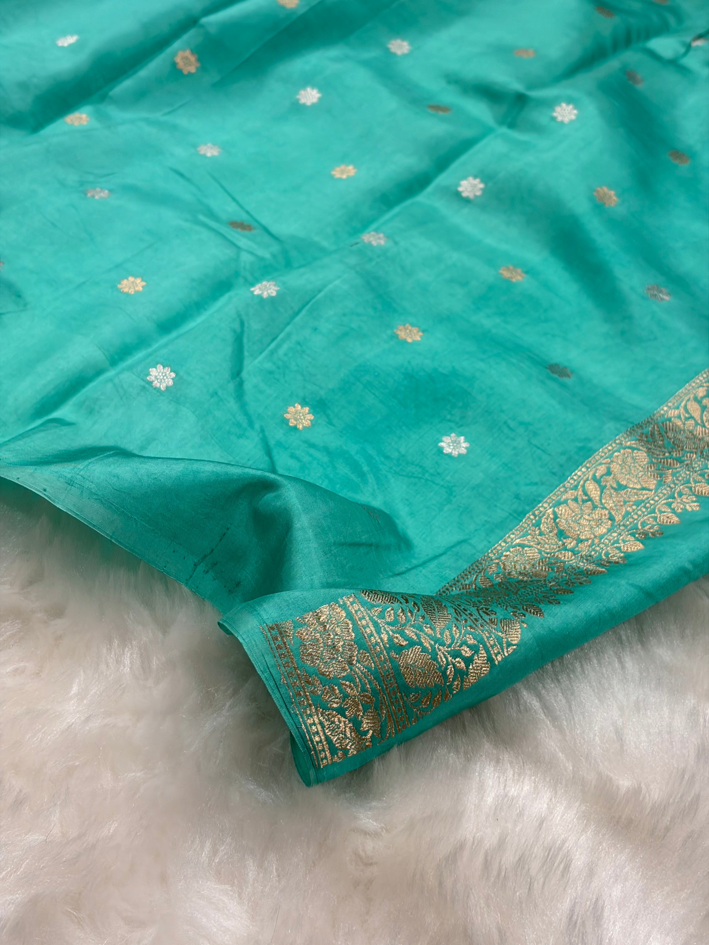 Sea Green Shades Meena Boota Handwoven Pure Katan Paper Silk RM-36