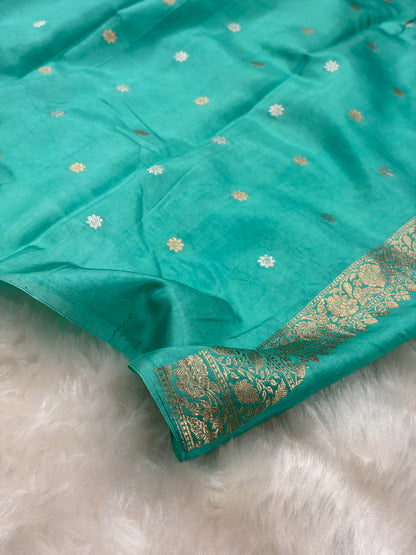 Sea Green Shades Meena Boota Handwoven Pure Katan Paper Silk RM-36