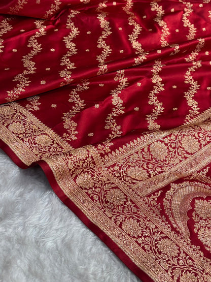 Banarasi Satin Katan Saree With Boota in Maroon Shades SK108