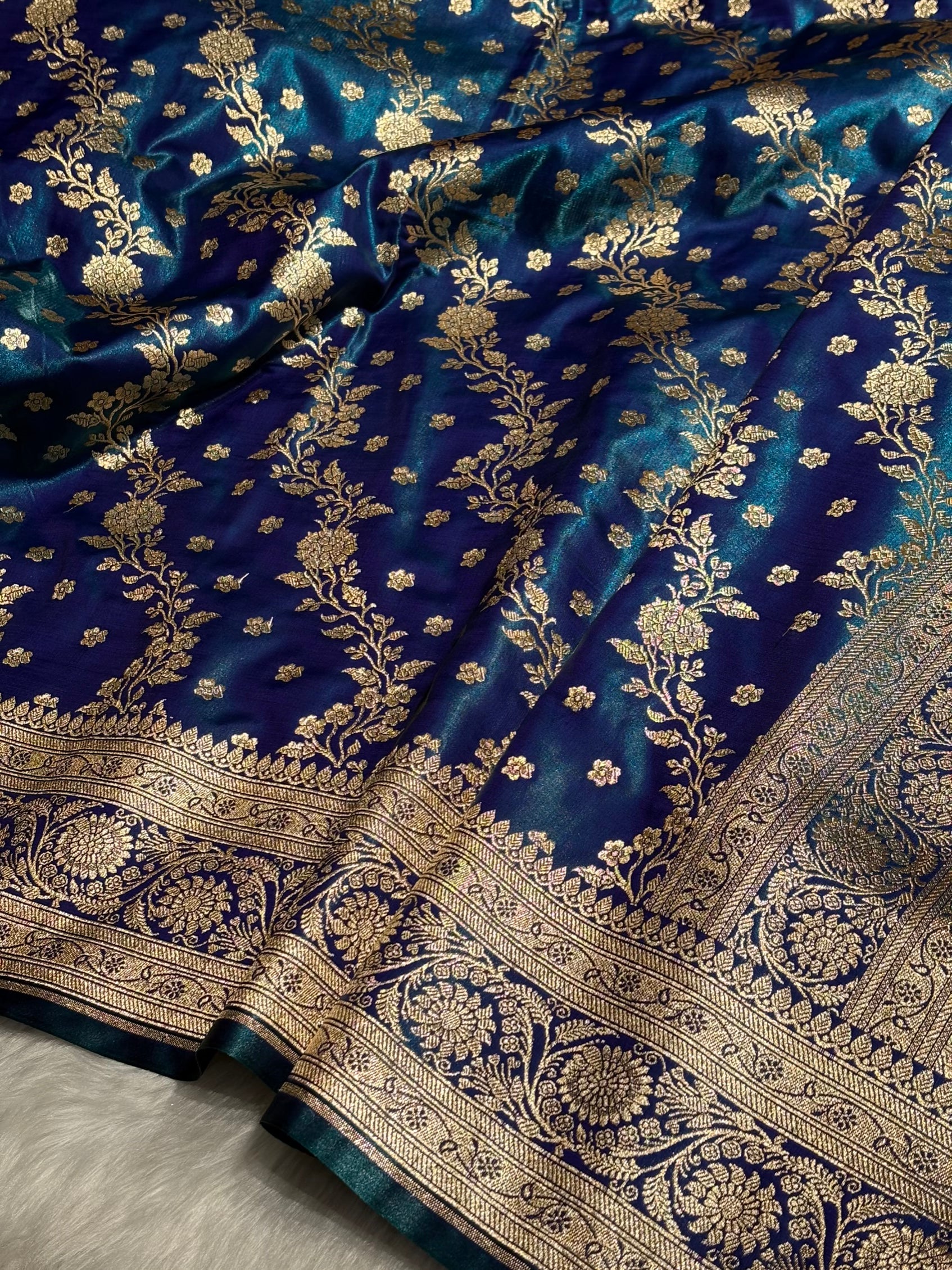 Satin Silk Saree Cross with Booti in Peacock Shades SS24