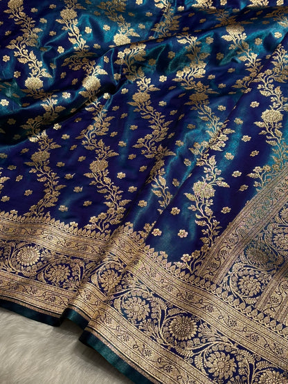 Satin Silk Saree Cross with Booti in Peacock Shades SS24