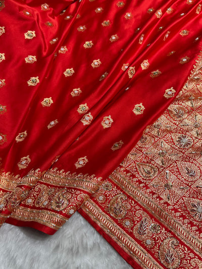 Bridal Banarasi Red Work Pattern Satin Katan Silk Saree BSK137