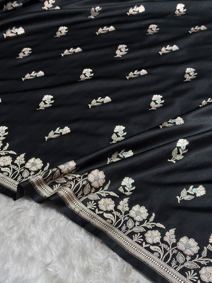 Banarasi Black Boota With Floral Border Mashru Silk Saree MSM-88
