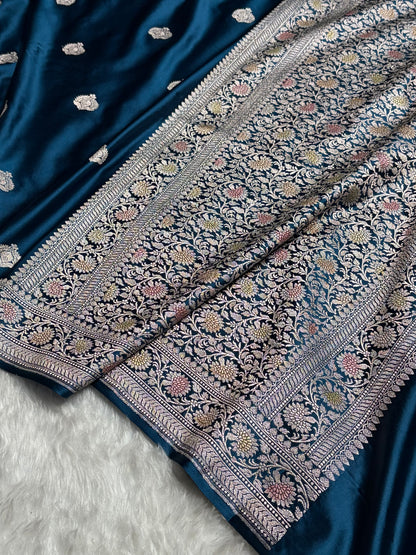 Dark German Blue Minakari Boota Mashru Silk Saree MS16