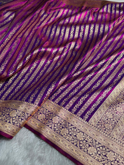 Cross Purple Shades Stripe Pattern Banarasi Satin Silk Saree SS46