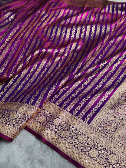 Cross Purple Shades Stripe Pattern Banarasi Satin Silk Saree SS46