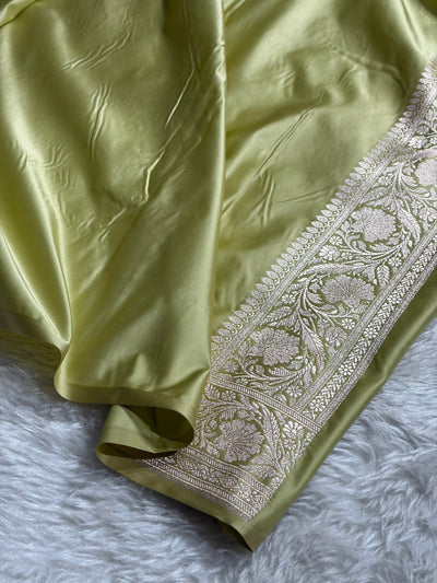 Pista Shades Banarasi With Floral Jaal Pattern Mashru Silk Saree MSM-132