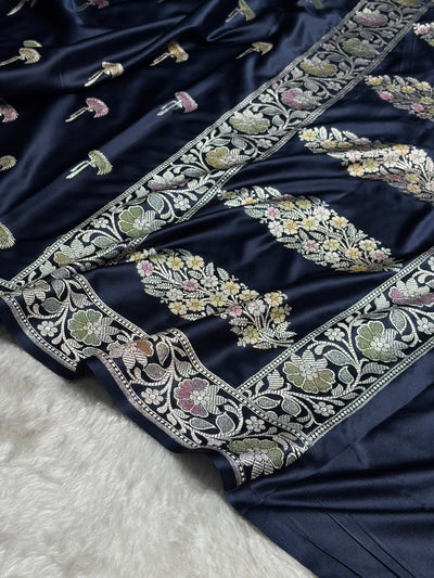 Navy Blue Shades Banarasi Minakari Floral Booti Mashru Silk Saree MCS55