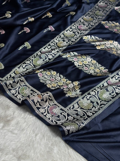 Navy Blue Shades Banarasi Minakari Floral Booti Mashru Silk Saree MS55