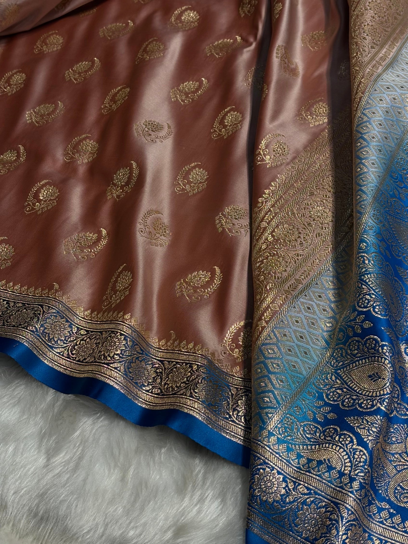 Pista with Blue Floral Boota Satin Katan Silk saree SK27