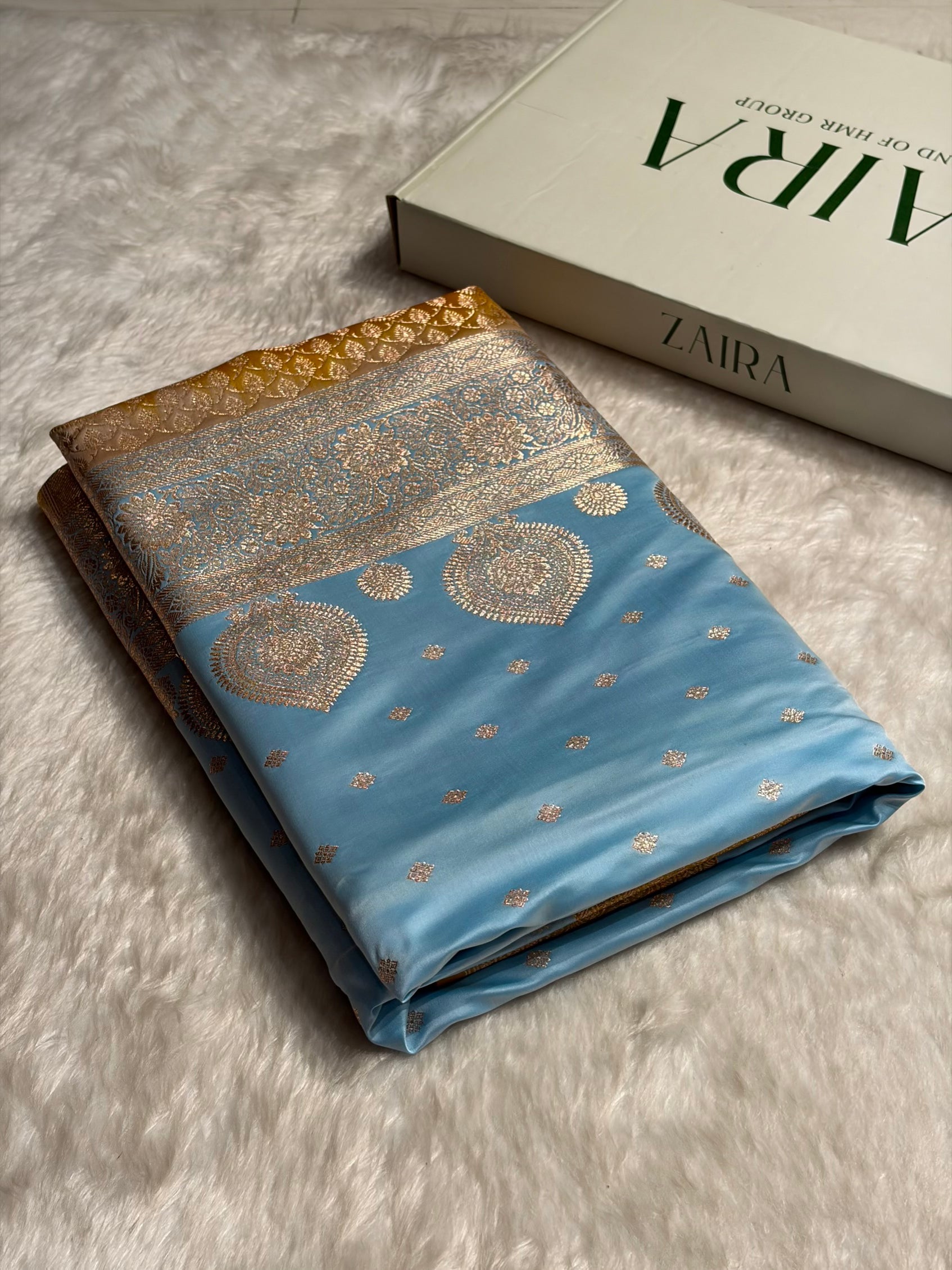 Sky blue with Mustard Booti Satin Katan Silk saree SK29