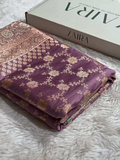 Banarasi Satin Katan Saree in Contrast Dark Lavender With Sea Green Shades SK132
