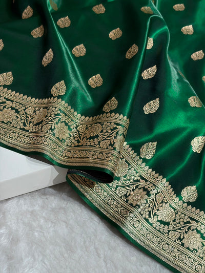 Bottle Green Shades Booti Pattern Banarasi Satin Silk Saree SS58