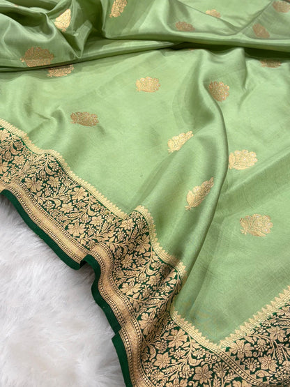 Banarasi Pista Green With Chocolate Contrast Shades Meenakari Boots Handwoven Pure Paper Silk Saree RM-90