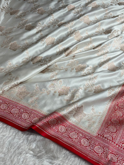 Banarasi Contrast White / Red Shades Jaal With Mashru Silk Saree MCS63