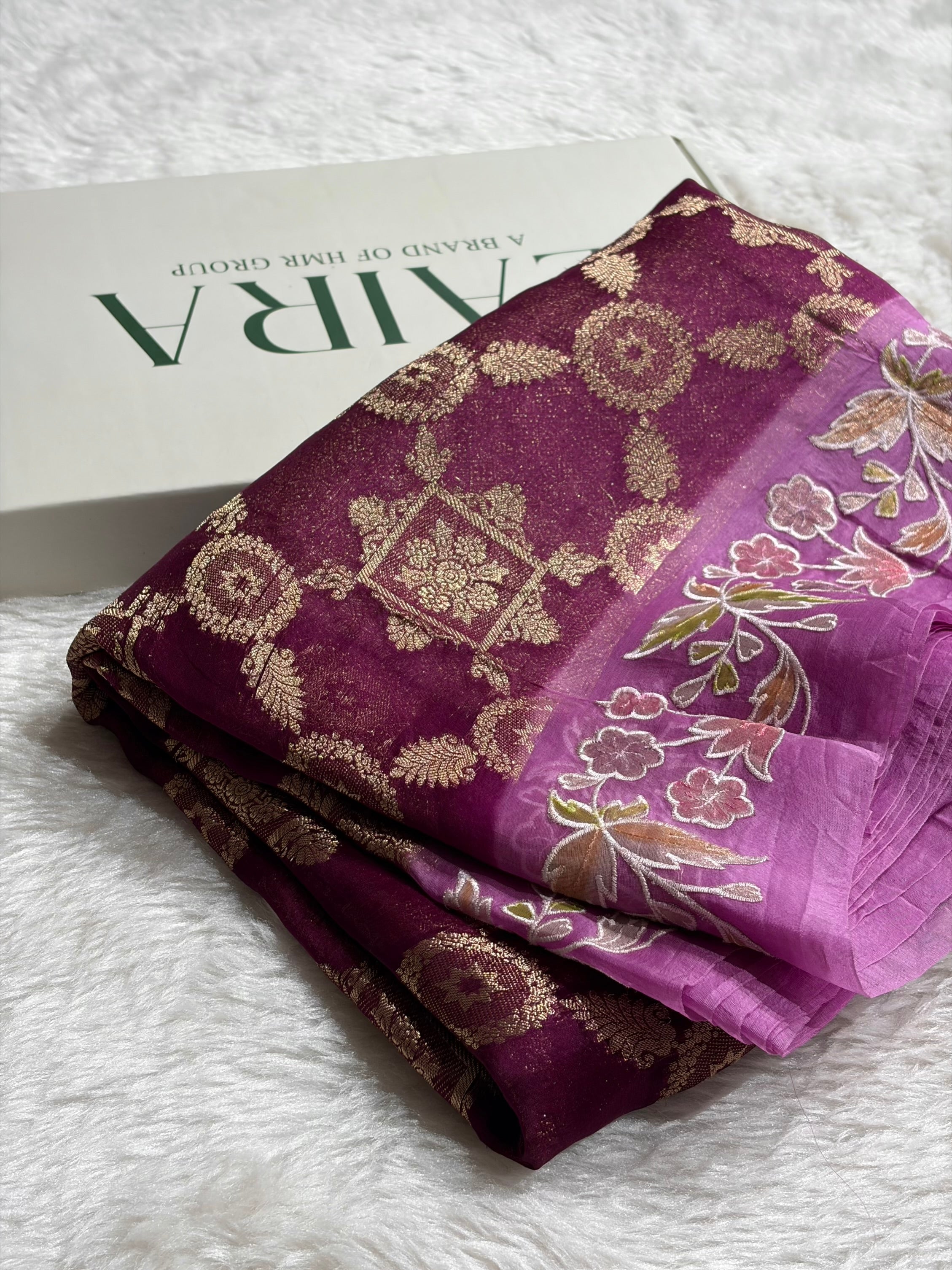 Banarasi Pure Organza Contrast Wine With Lavender Shades Banarasi Silk Saree PO-38