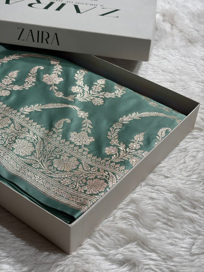 Sea Green Shades Banarasi With Floral Jaal Pattern Mashru Silk Saree MSM-132