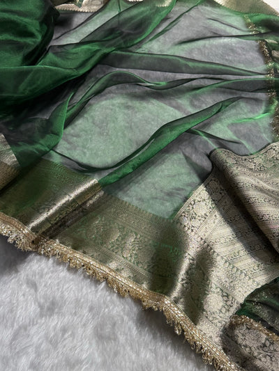 Bottle Green Shades Pure Tissue Silk Saree with Gotta Patti Brocade Blouse PTGP-08