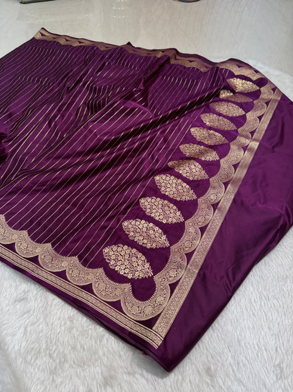 Purple Scallop Strip Mashru Silk Banarasi Saree MSS1