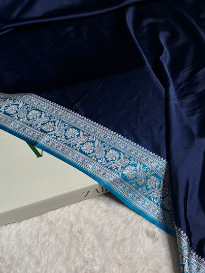 Contrast Navy Blue with Firozi Border Plain Mashru Silk Saree MS22