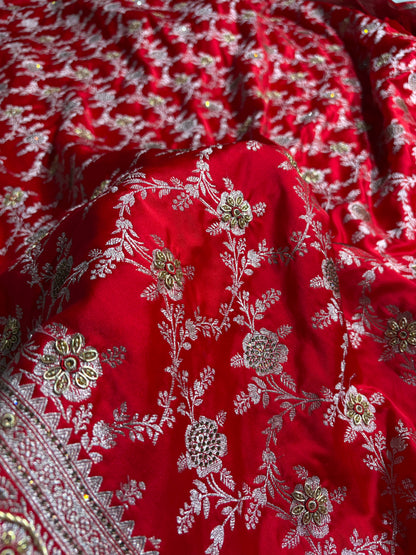 Bridal Red Mashru Silk with Bananasi Ari and swarovski work BMS28