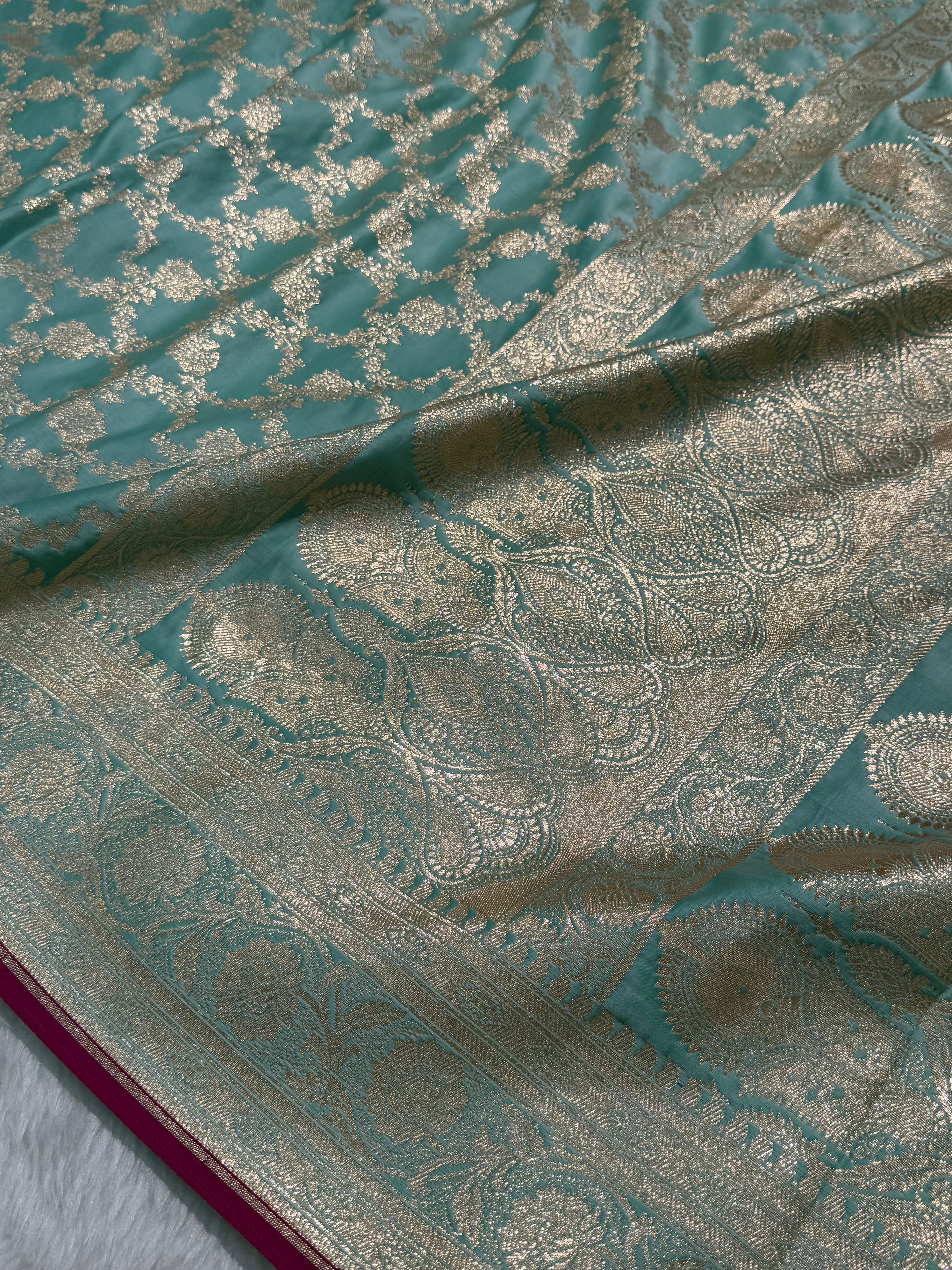 Pastel Seagreen Jaal Katan Silk saree